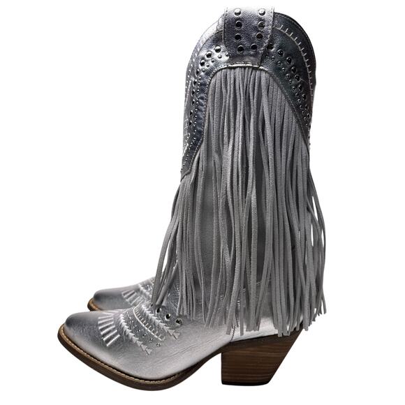 Dingo Western Cowboy Boots 1969 Gypsy Women's 9.5 Snip Toe Silver Leather Fringe - Picture 3 of 10